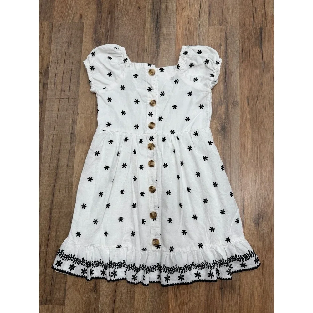 Little Lass Girls White Embroidered Floral Dress Size 8 Cotton Button Front Puff